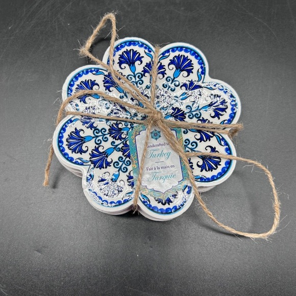 The Unbranded Brand Other - Set Of 4 Turkish Ceramic Coasters Design Made In Turkey Blue White Flower New